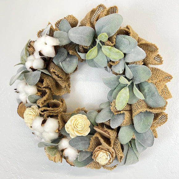 Burlap, Cotton, Sola Wood Flower and Lamb's Ear Wreath