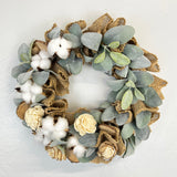 Burlap, Cotton, Sola Wood Flower and Lamb's Ear Wreath