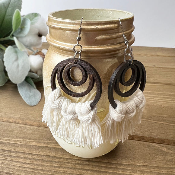 Circular Natural White Macramé and Wood Earrings