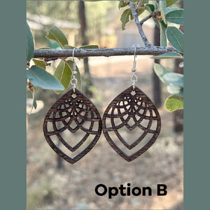 Laser Cut Wood Earrings -B, dangle handmade, light weight jewelry