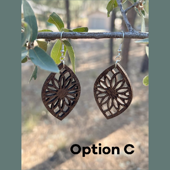 Laser Cut Wood Earrings -C, dangle handmade, light weight jewelry