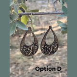 Laser Cut Wood Earrings -D, dangle handmade, light weight jewelry