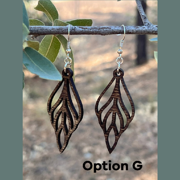 Laser Cut Wood Earrings - G, dangle handmade, light weight jewelry