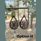 Laser Cut Wood Earrings - H, dangle handmade, light weight jewelry