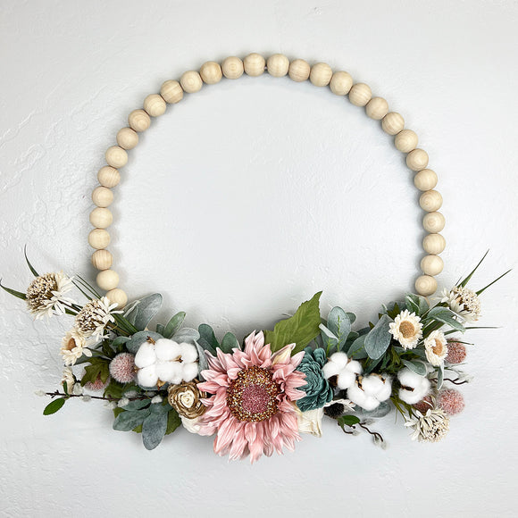 Pink Sunflower, Cotton Bolls and Sola Wood Flower  Wood Bead Wreath