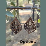 Laser Cut Wood Earrings - J, dangle handmade, light weight jewelry