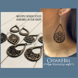 Laser Cut Wood Earrings - H, dangle handmade, light weight jewelry